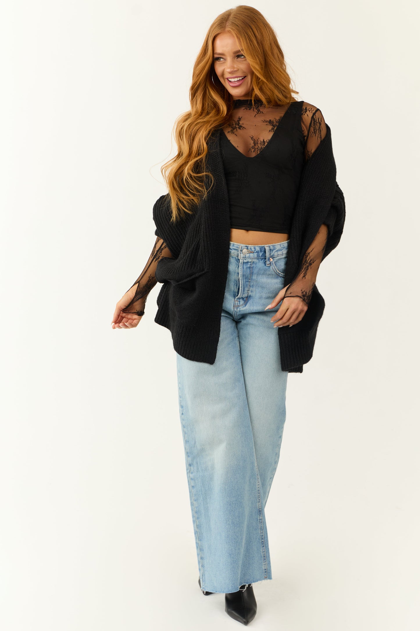 Black Long Sleeve High Neck Thumbhole Floral Mesh Top