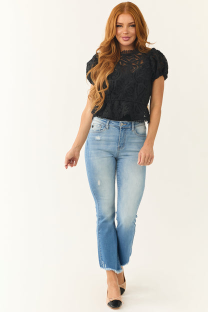 Black Lace Puff Sleeve Peplum Top