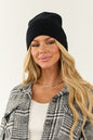 Black Front Fold Ribbed Knit Beanie