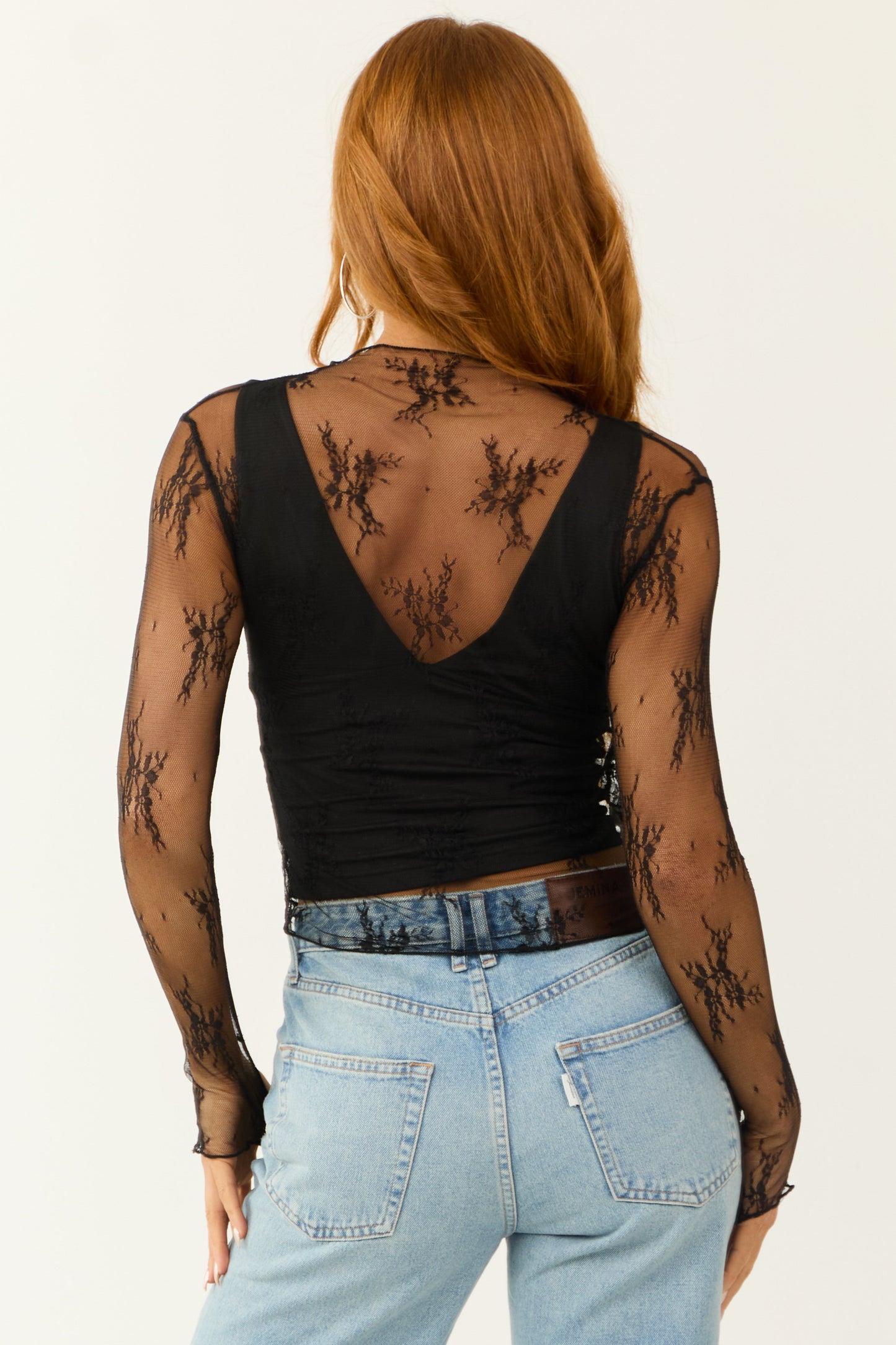 Black Long Sleeve High Neck Thumbhole Floral Mesh Top