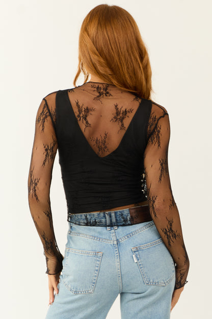 Black Long Sleeve High Neck Thumbhole Floral Mesh Top