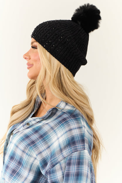 Black Gemstone Embellished Chenille Pom Pom Beanie